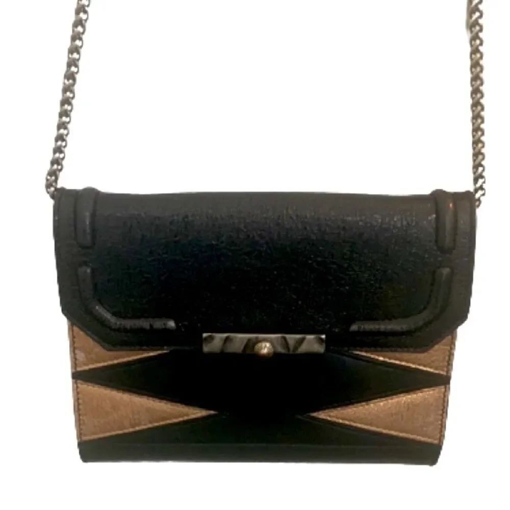 Dannijo Beckett Black Leather Crossbody Clutch Metallic Inlay Italy